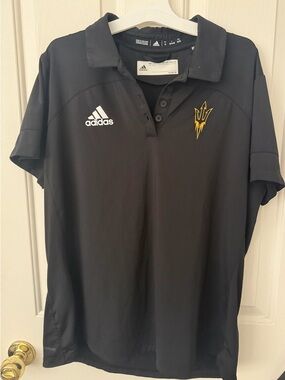 Adidas woman’s Black Polo Shirt with Gold Pitchfork Logo